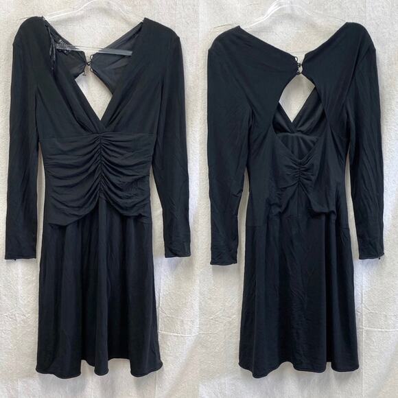 Kay Unger black ruched A Line knee length open back evening dress size 10 - Picture 3 of 15